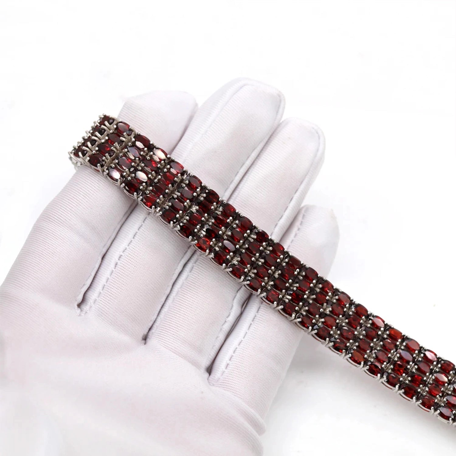 Red Garnet Geometric Silver Bracelet